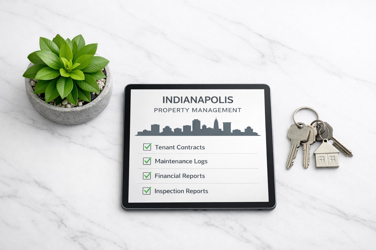 A property manager's desk with a cleaning checklist tablet and keys in an Indianapolis office.