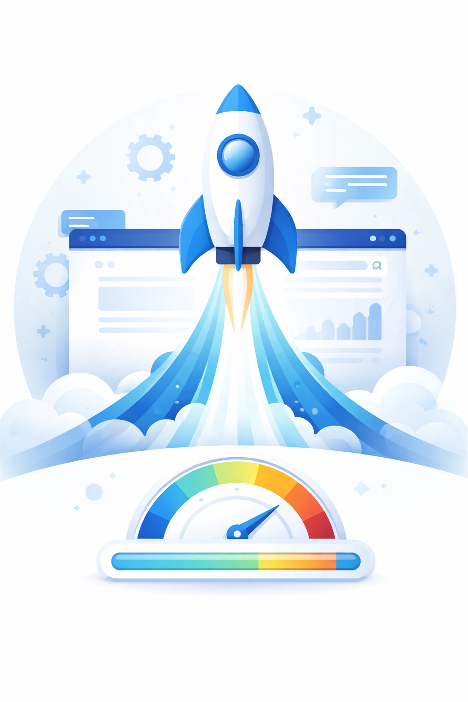 Vector image of a rocket launching from a browser window, symbolizing how fast website loading speed boosts lead generation