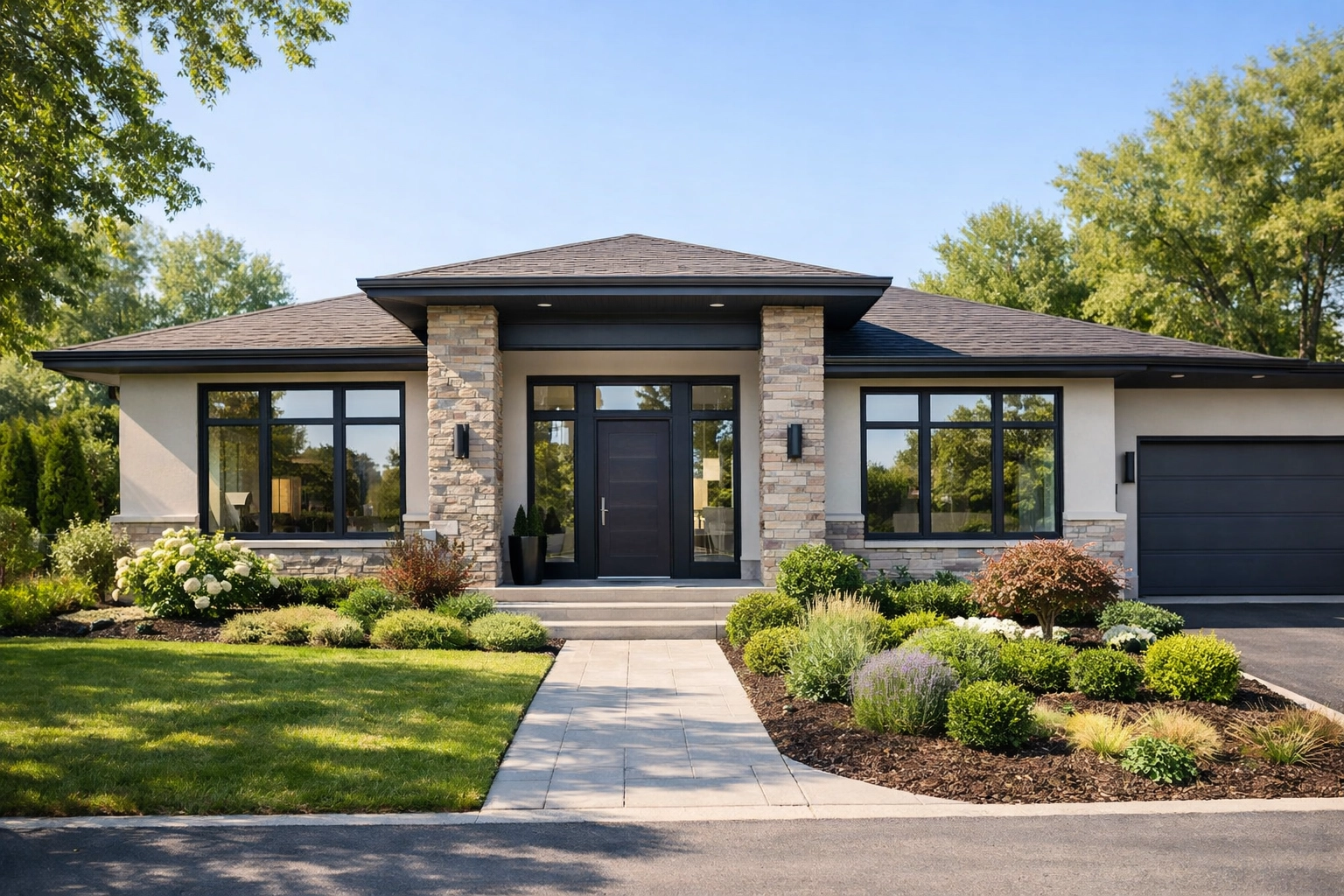 Exterior of a stylish Georgetown bungalow, showing rightsizing solutions with one-level living and privacy.