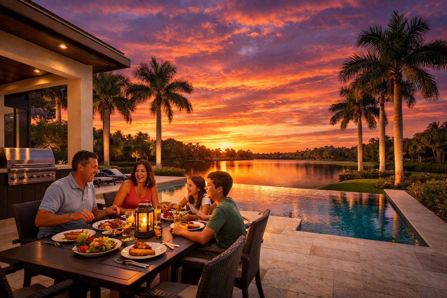 A family enjoys a bug-free backyard BBQ in Fort Myers at sunset after professional pest control services.