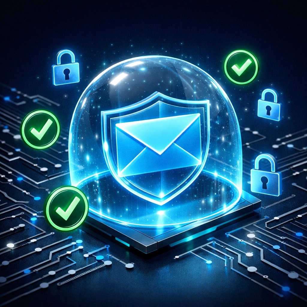 Digital envelope protected by a security shield representing high email deliverability and DMARC authentication.