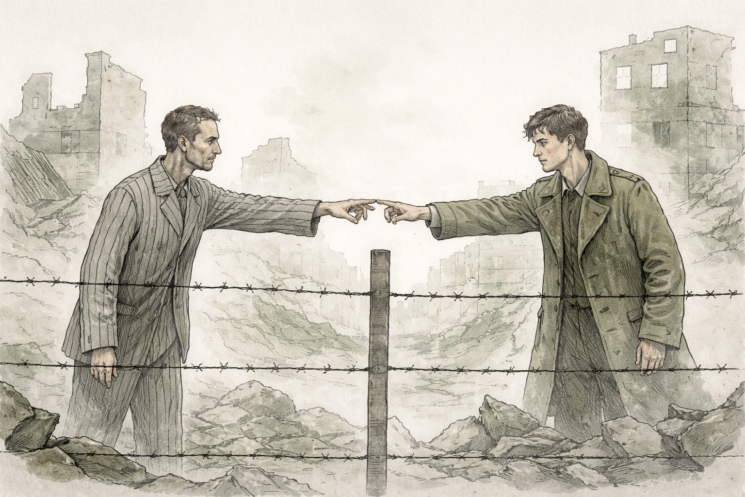 Two men separated by barbed wire reach for each other in postwar Berlin, symbolizing forbidden love and defiance in WWII ruins.