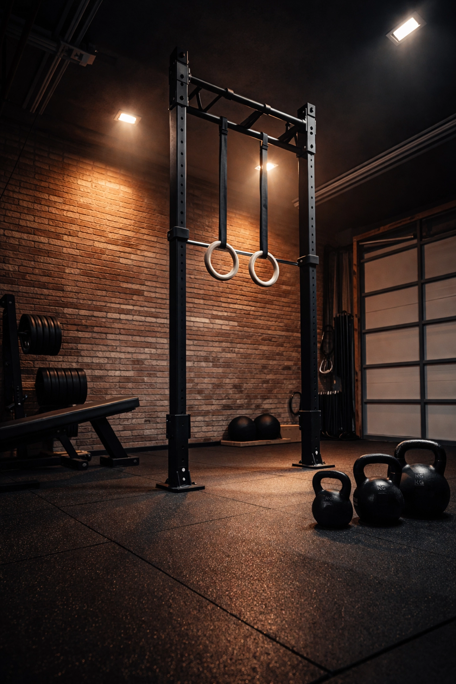 Modern garage CrossFit home gym with a floor-to-ceiling pull-up system, kettlebells, and rubber flooring for no wall damage workouts.