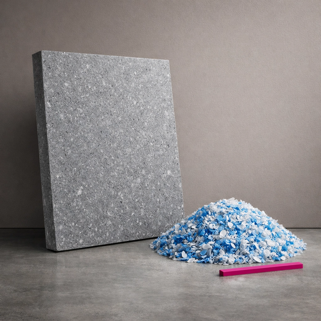 Durable recycled plastic structural panel and shredded flakes showcasing circular construction materials.