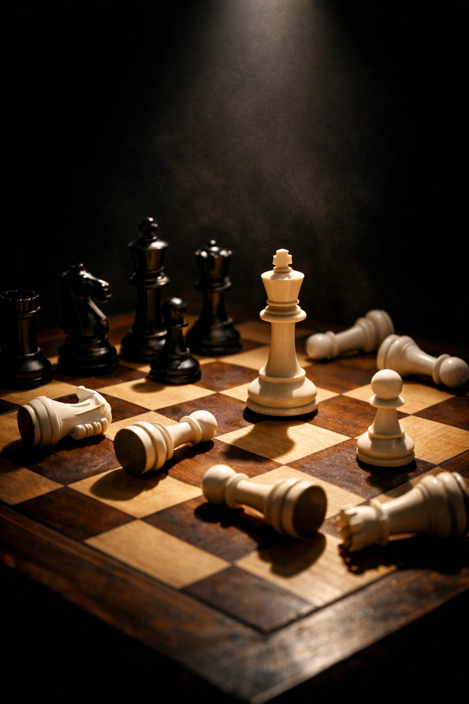Chess board with fallen pieces illustrating investment dilution and strategic planning