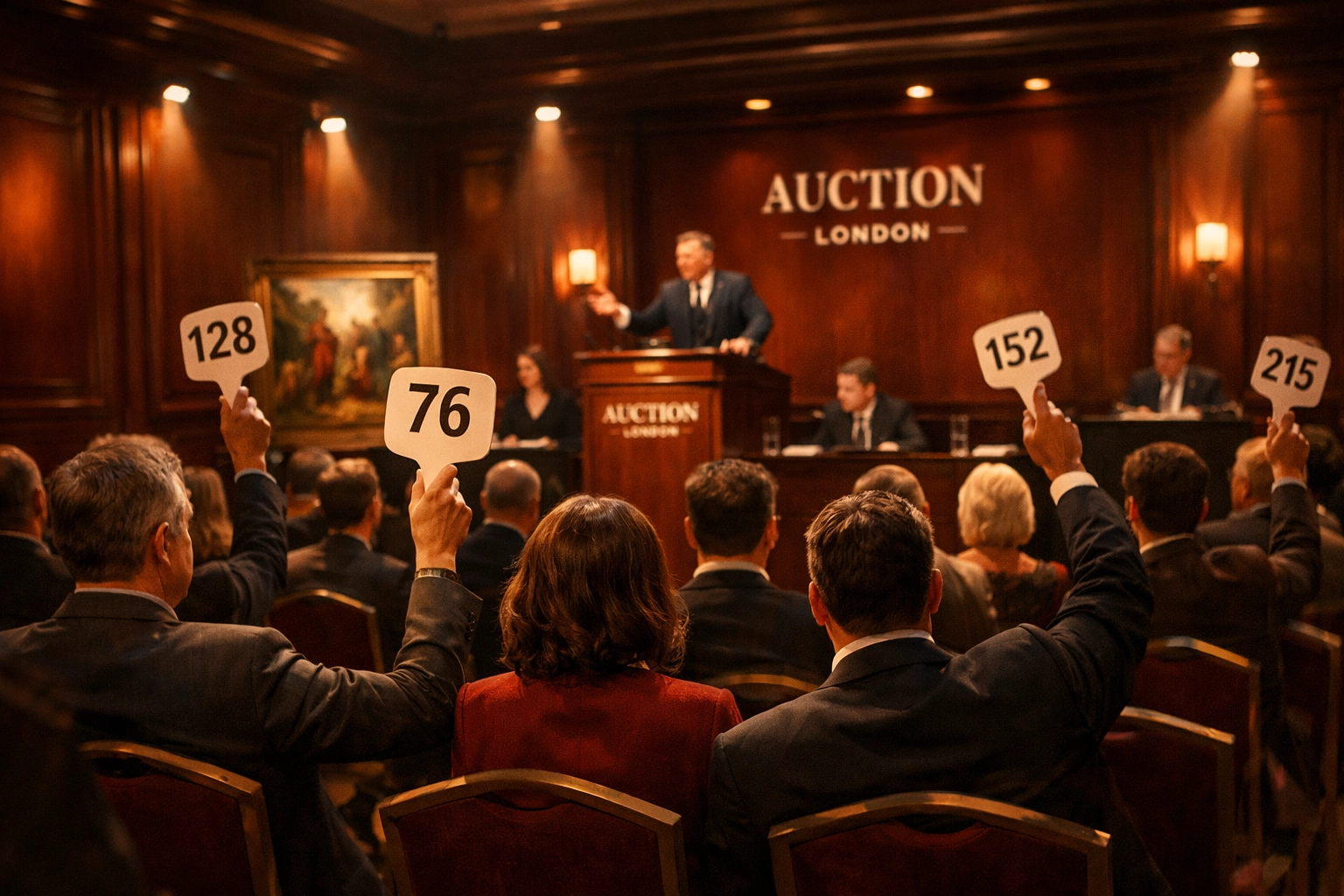 Property auctions London: active auction room with bidders raising paddles during competitive bidding