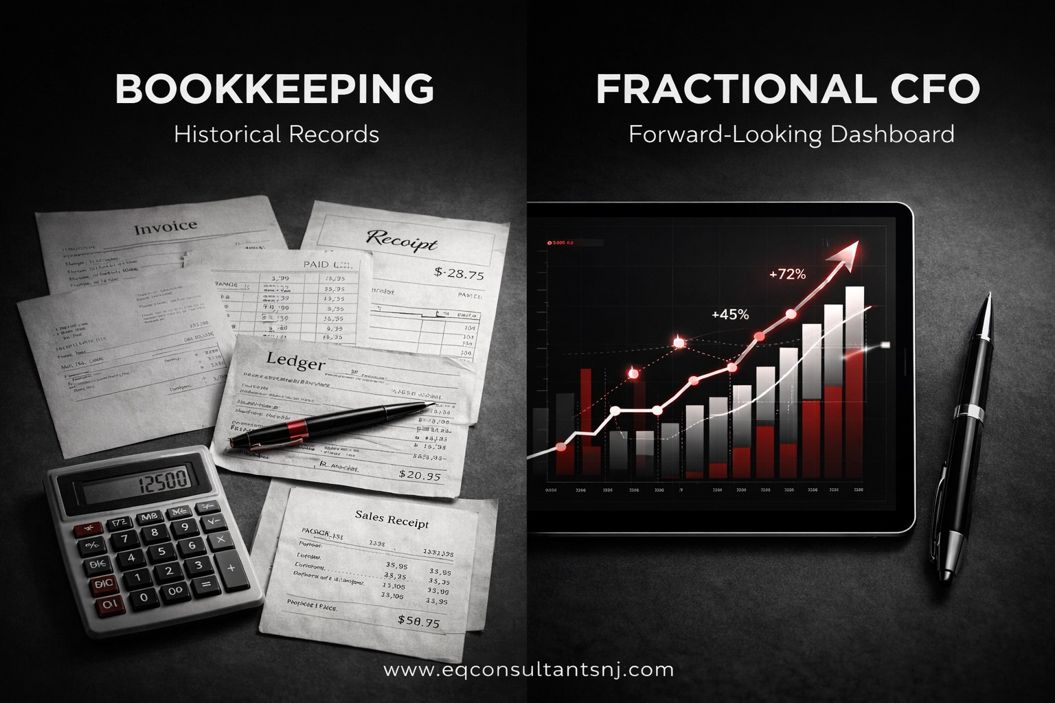 Contrast between historical bookkeeping records and forward-looking fractional CFO strategy