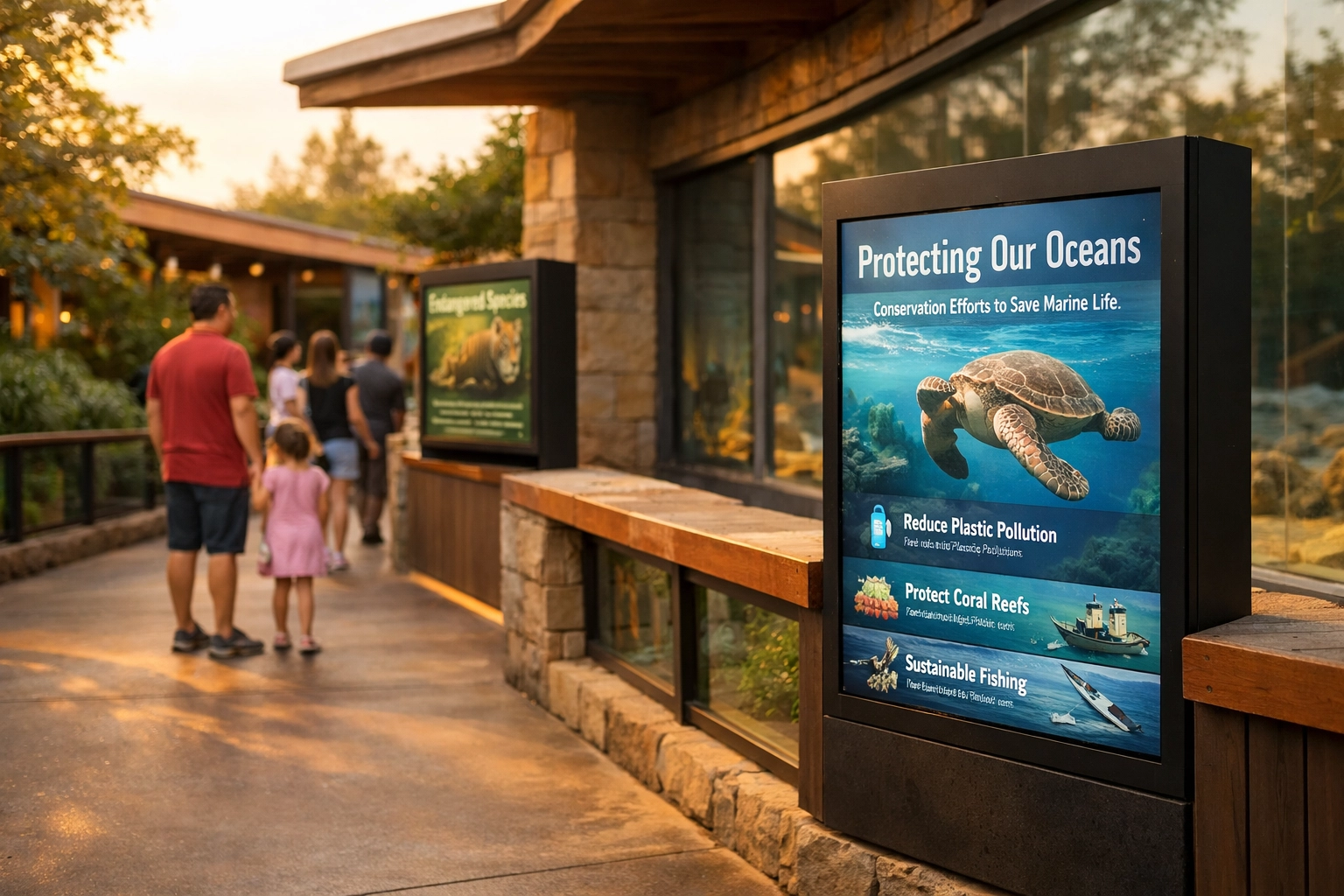 Zoo walkway featuring digital information displays integrated with family-friendly exhibits
