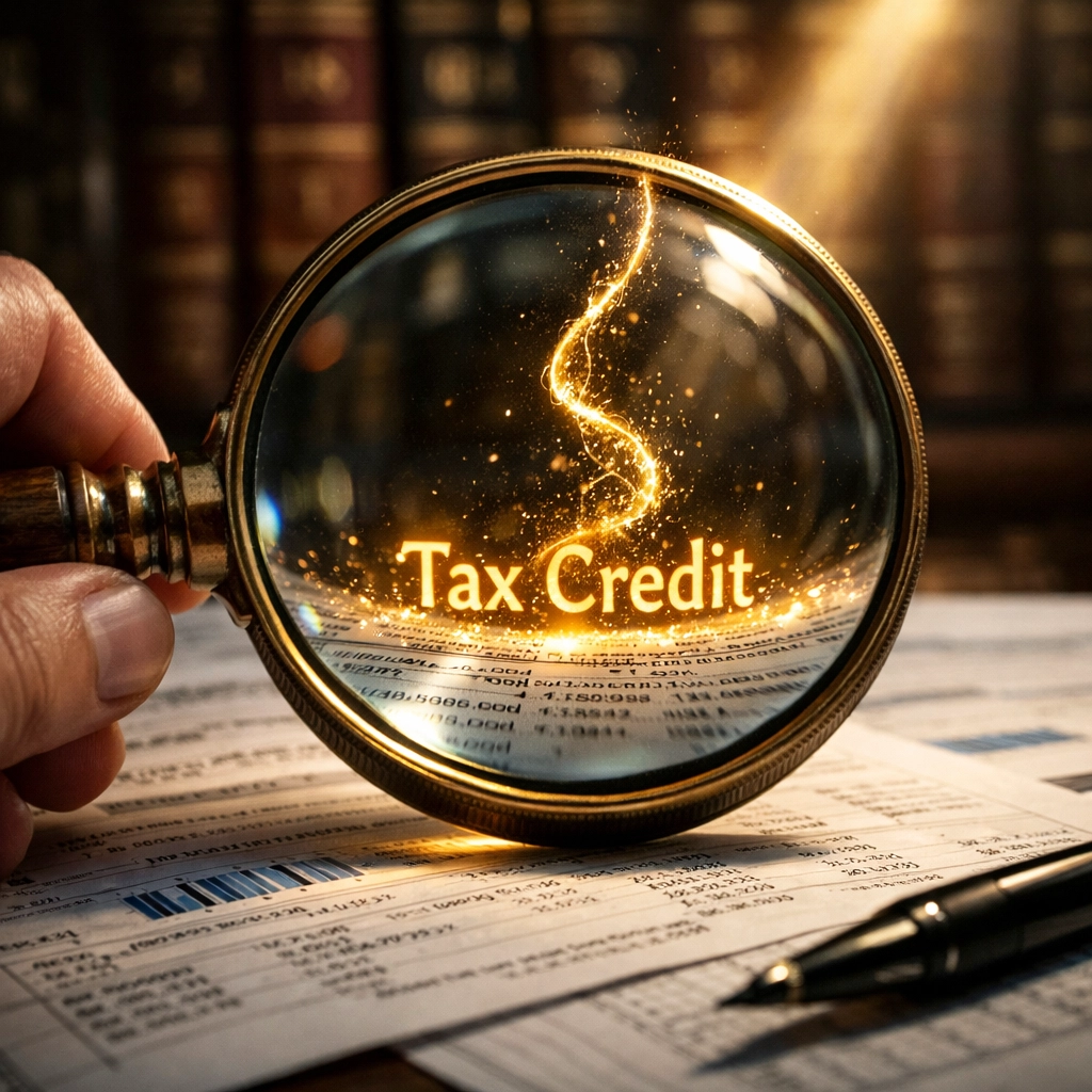 Professional identifying a valuable tax credit hidden within complex small business financial paperwork.