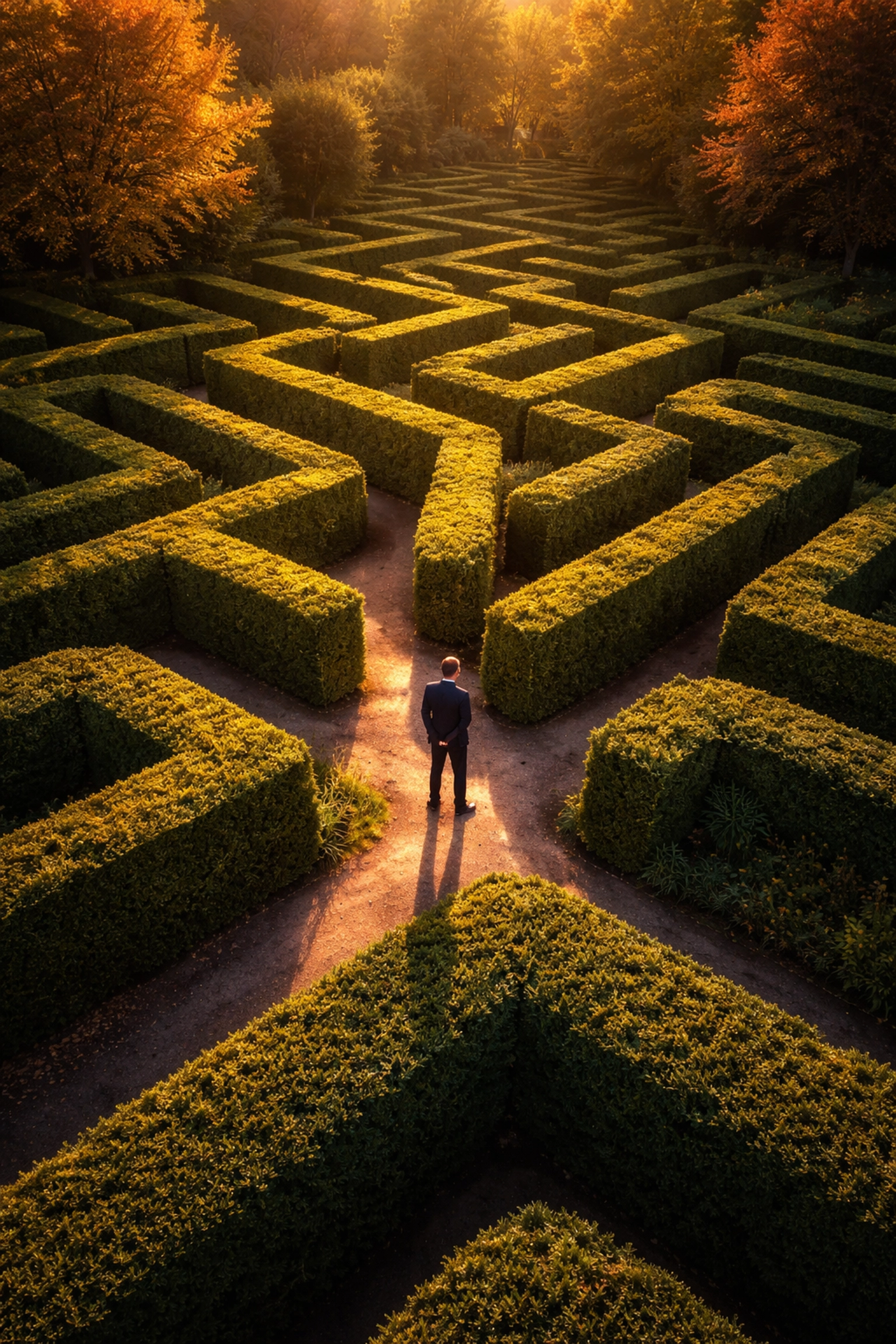 Aerial view of a hedge maze at sunset with a business professional deciding on paths, illustrating strategic investment approaches