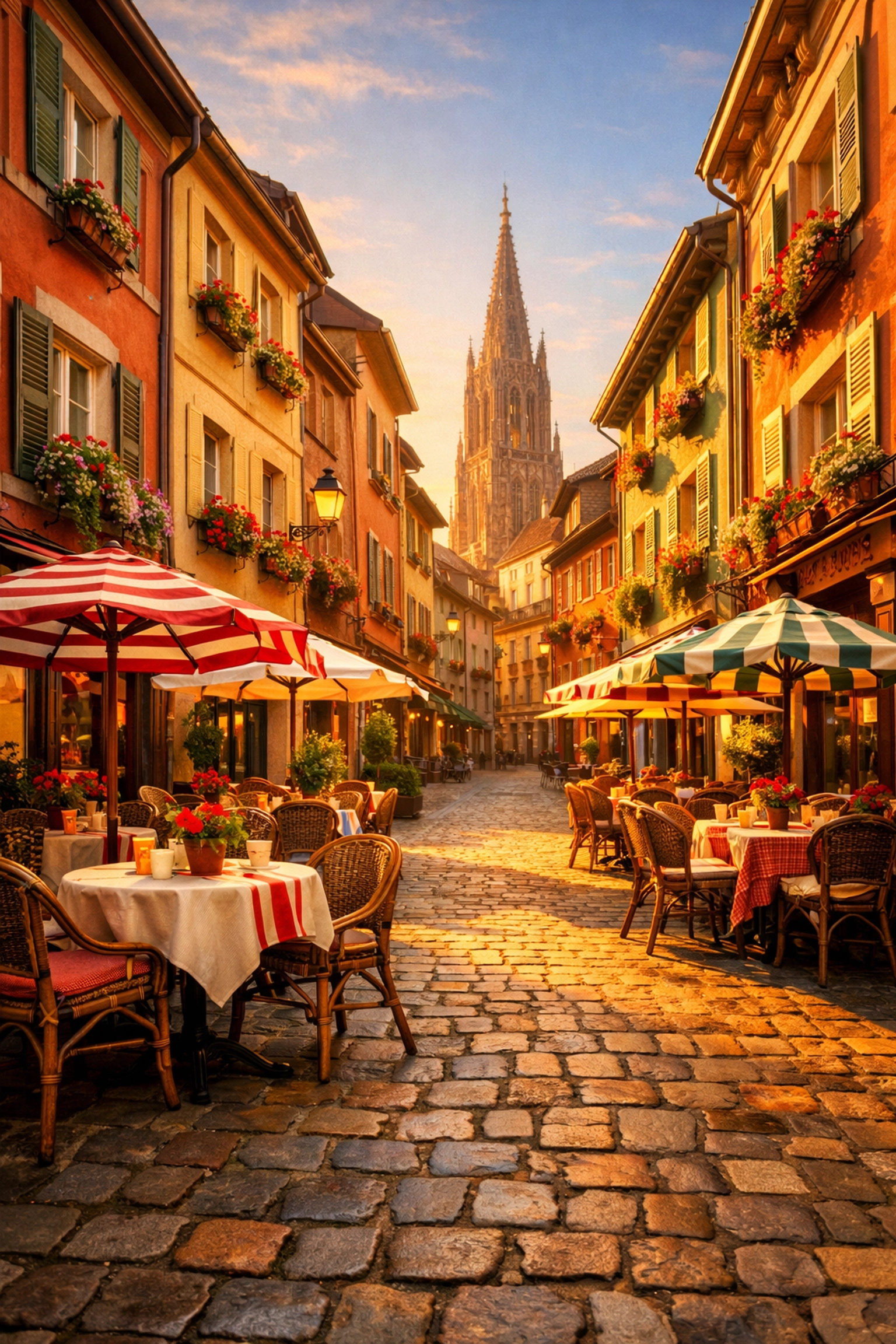 Charming European cobblestone street with outdoor cafés perfect for a 2026 vacation