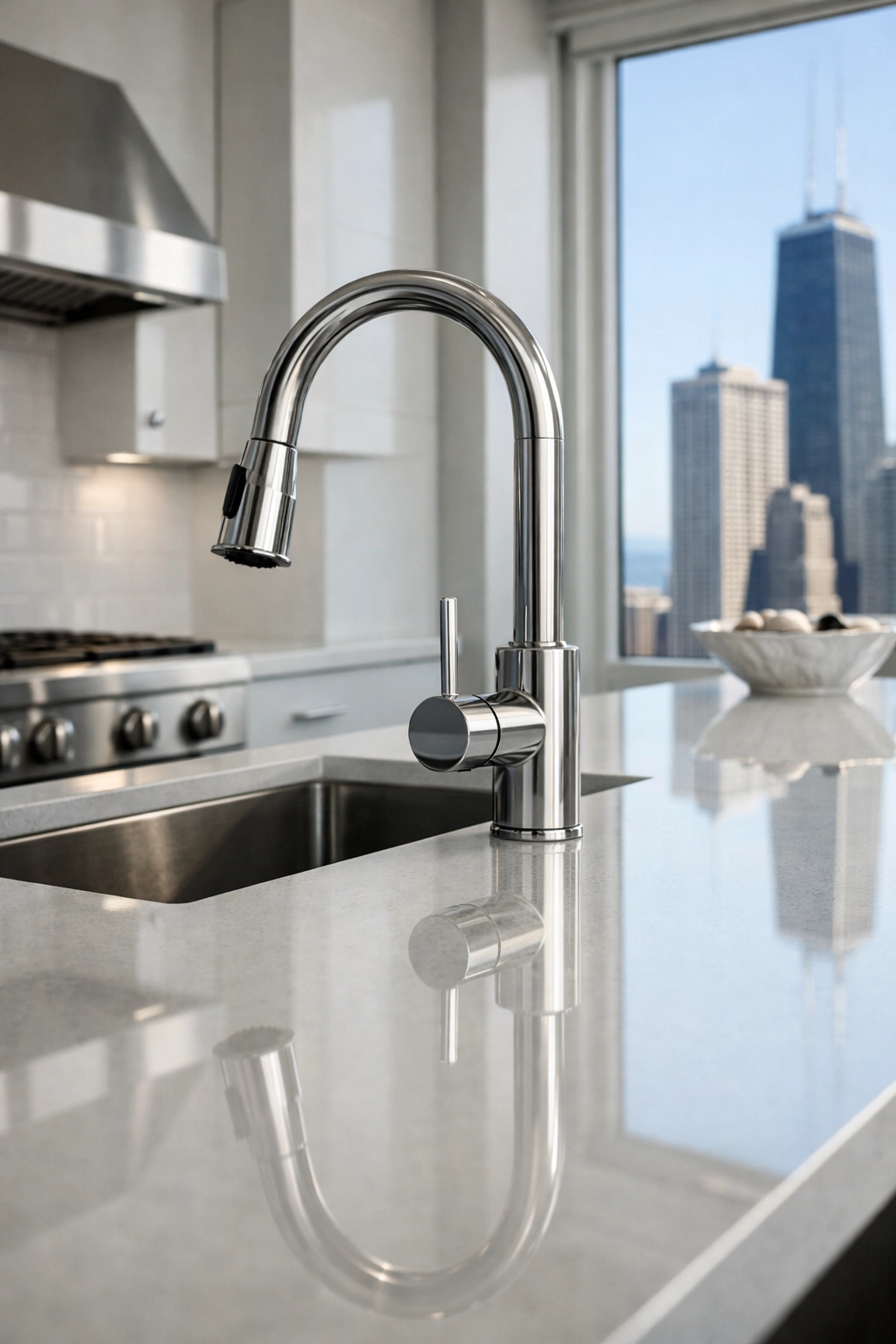 Meticulously cleaned high-rise kitchen in Chicago with gleaming stainless steel and polished quartz countertops.