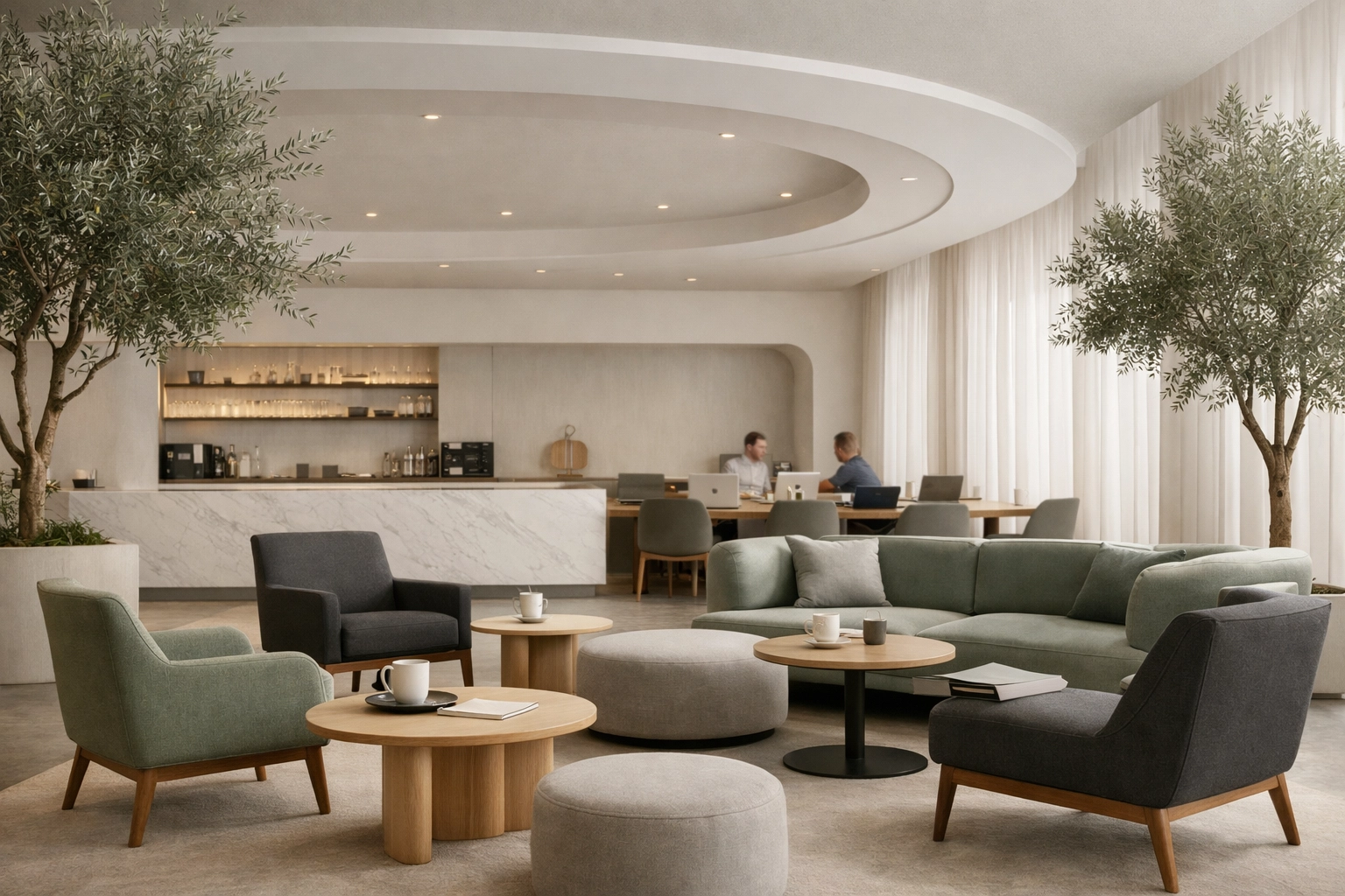 Modern hotel lobby and coworking space with minimalist design and hybrid hospitality features.