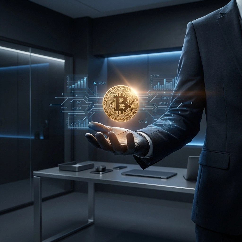 Glowing Bitcoin in open palm, highlighting institutional-level crypto investing for accredited investors.