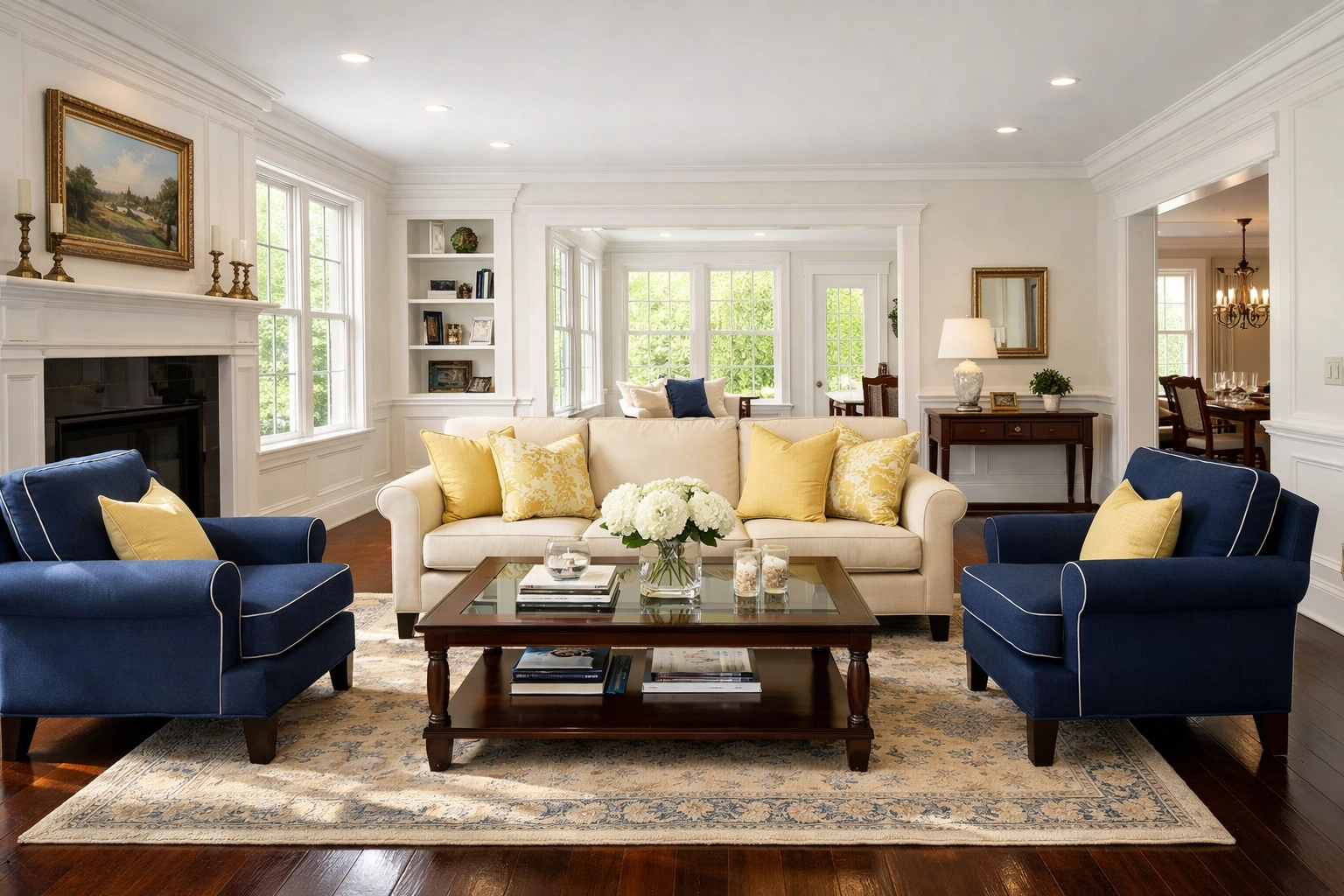 Professionally cleaned sun-drenched living room in a Bolton MA luxury home showing high standards of service.