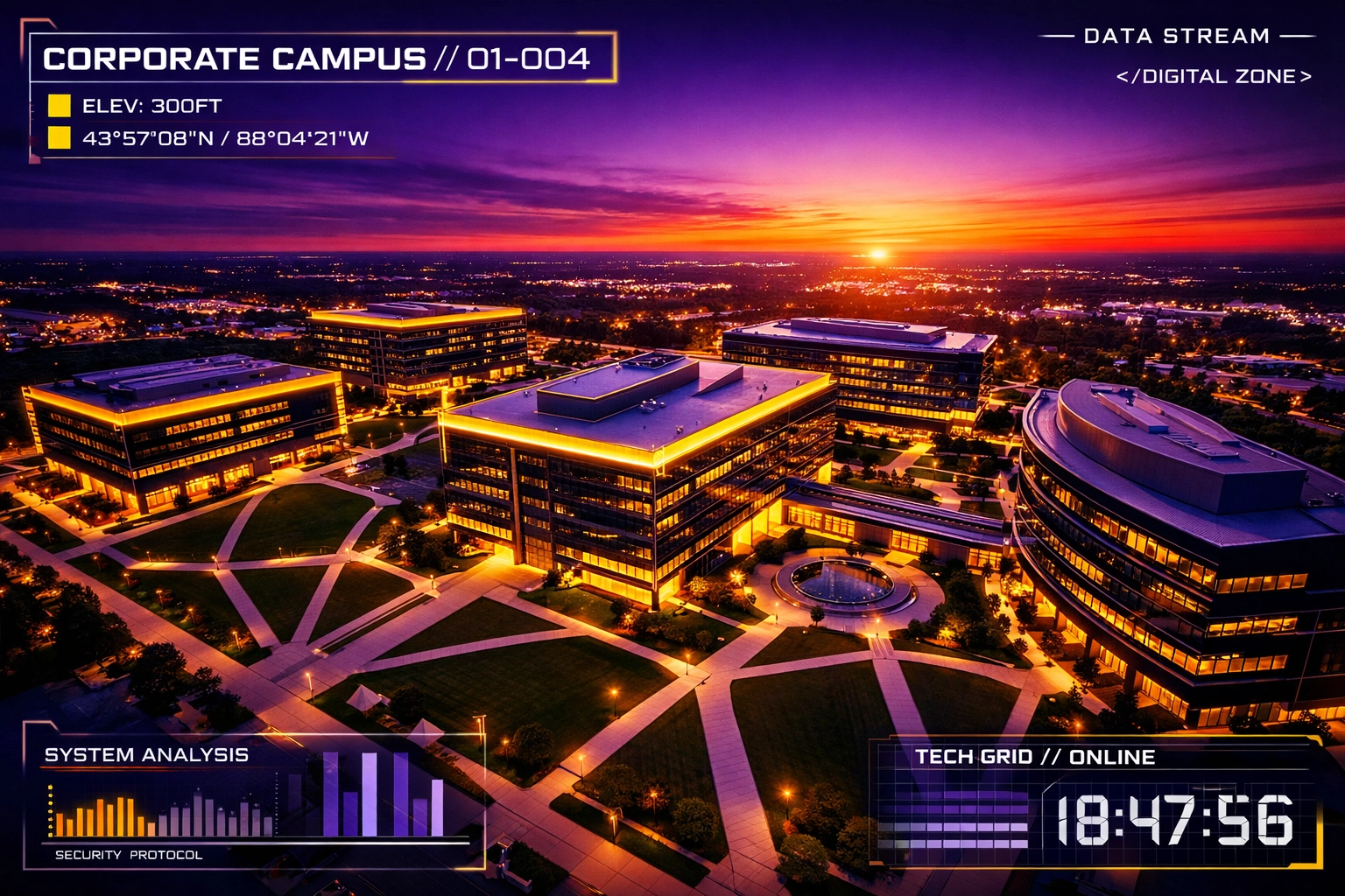 Aerial drone view of corporate campus at sunset showing cinematic establishing shot