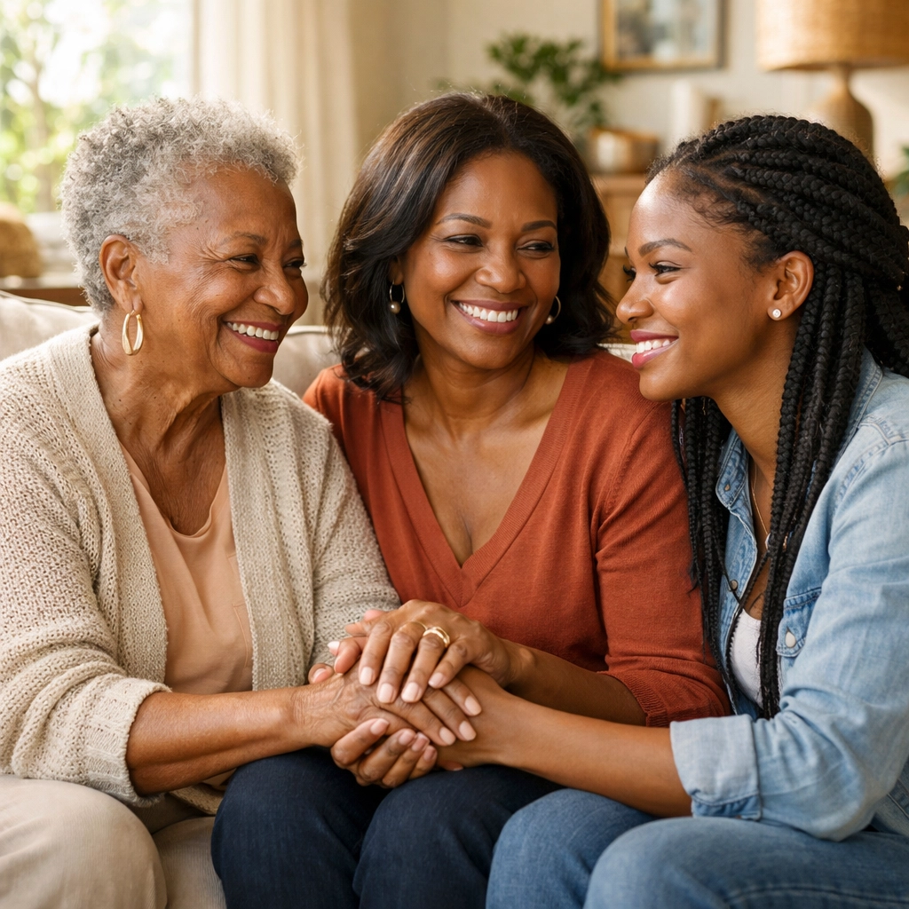 Three generations holding hands and smiling.