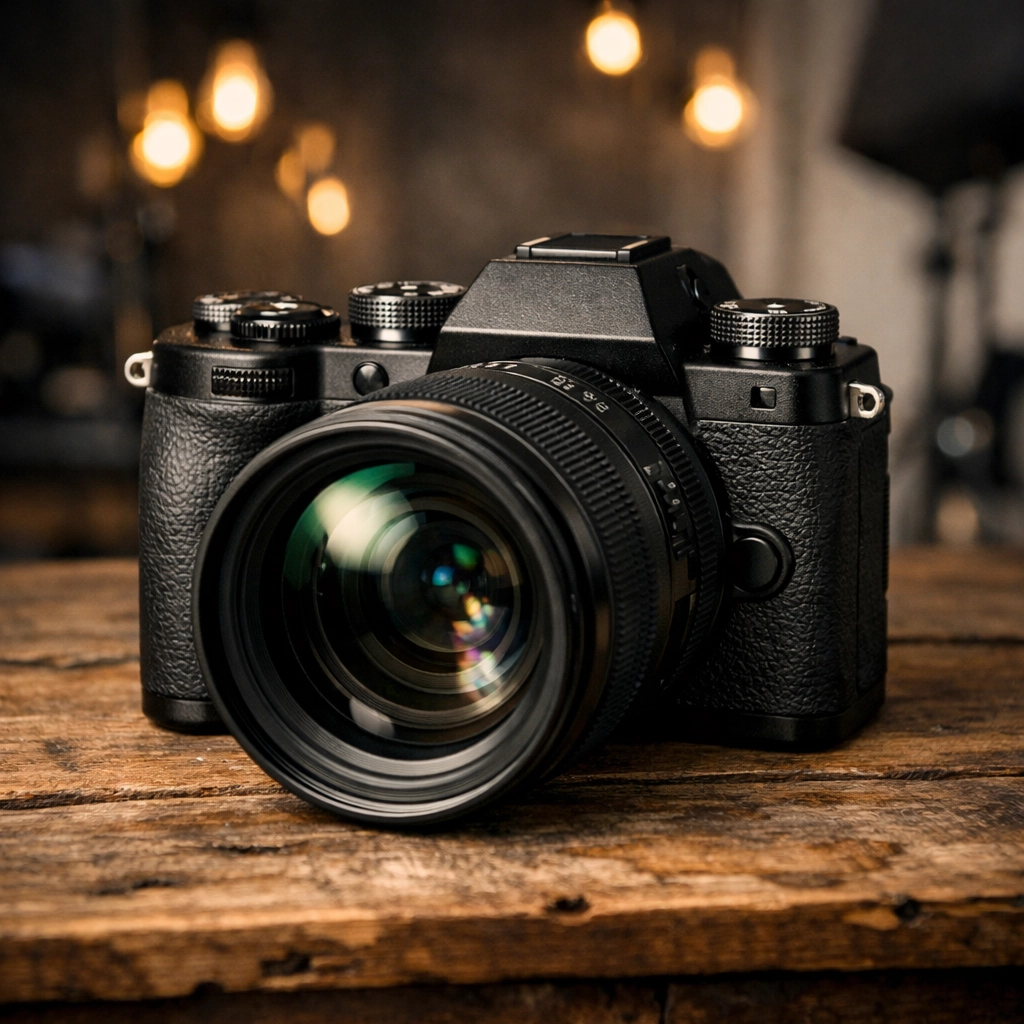 Professional black mirrorless camera on a wooden table, perfect for learning how to use manual mode camera.
