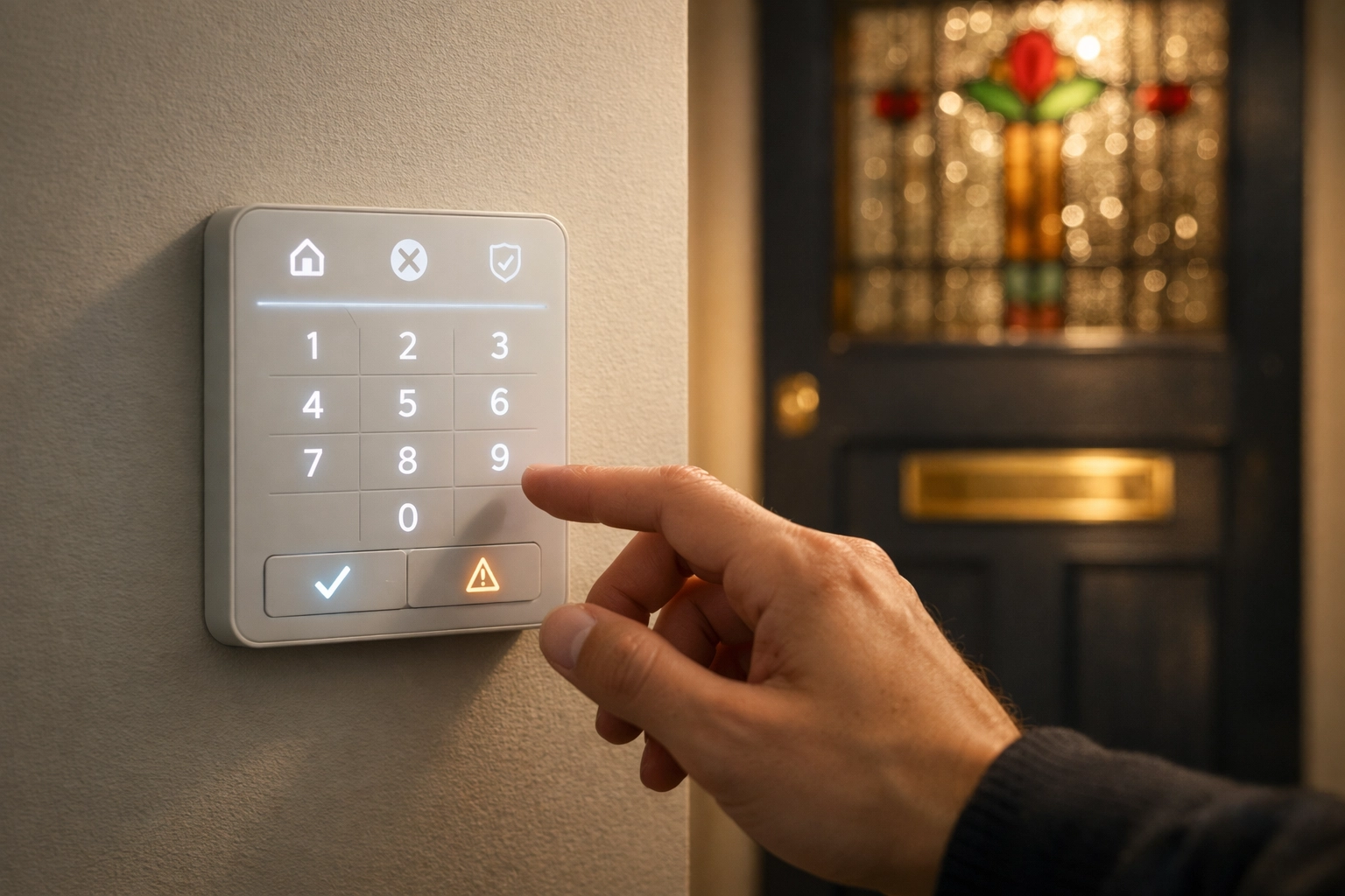 Smart home security system keypad being armed in a modern Oxford residence for peace of mind.