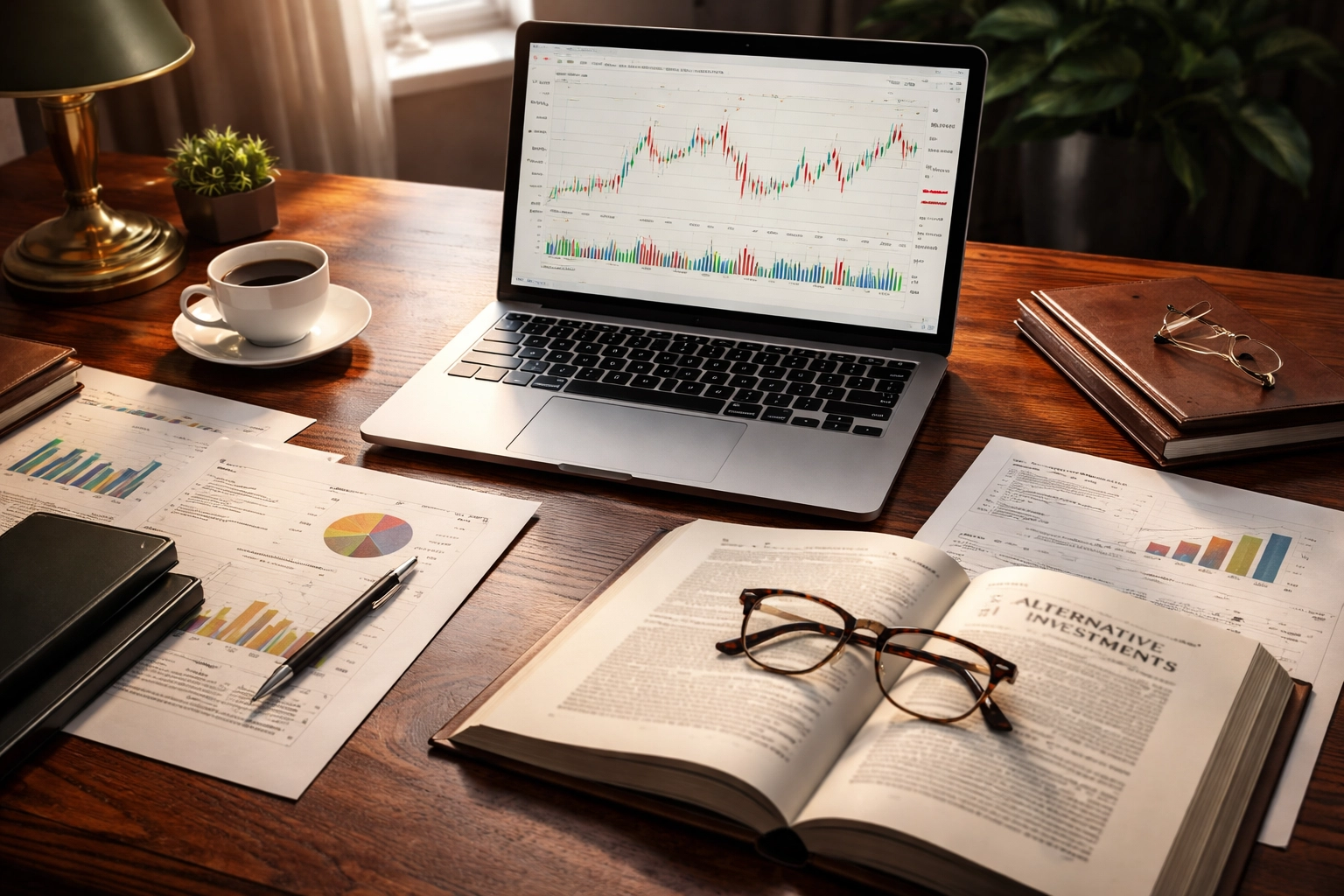 Investor's desk with financial charts, documents, and analysis tools, highlighting smart alternative investment research.