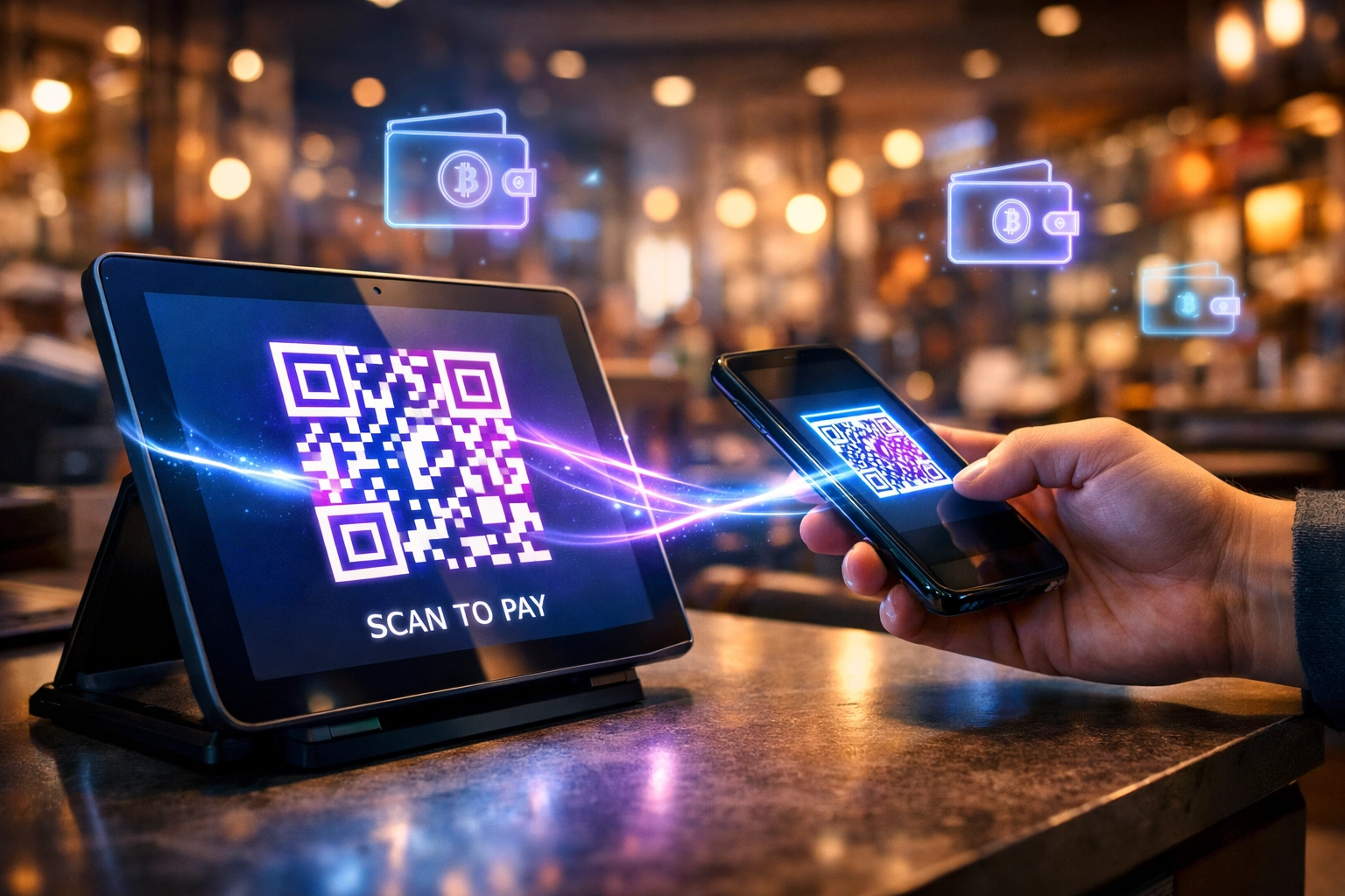 Crypto QR code POS system showing customer scanning payment with smartphone for Web3 merchant transaction