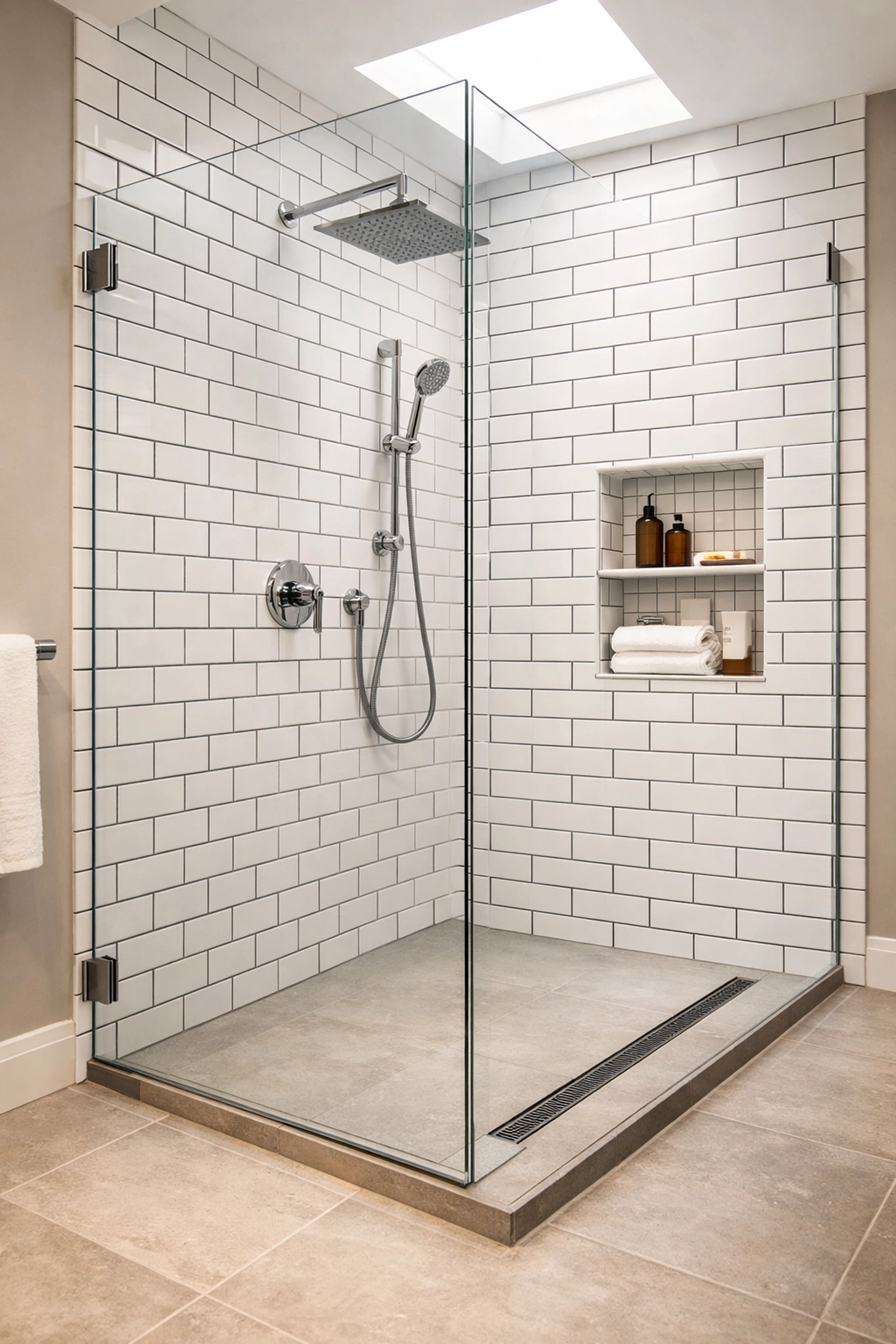 Modern walk-in shower renovation Orlando with frameless glass and accessibility features