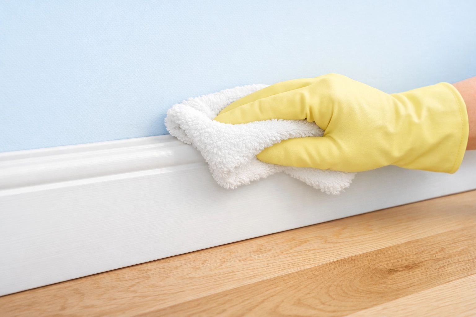 Professional move out cleaning of white baseboards and hardwood floors in a Waterloo IA home.