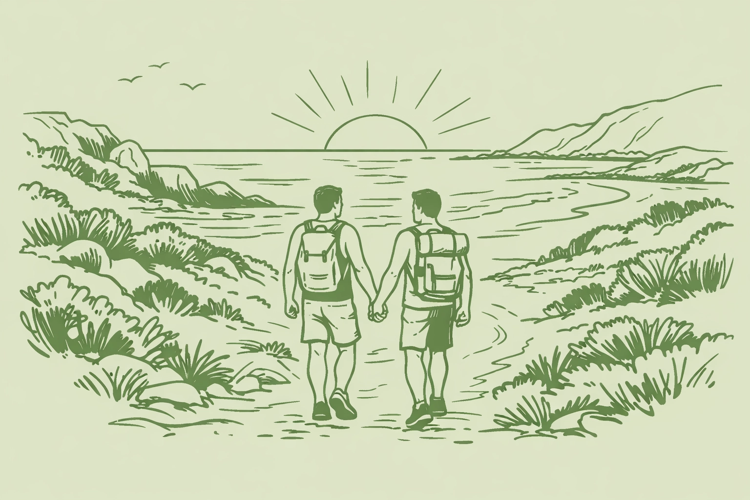 Two men walking together on secluded South African coastal path for LGBTQ+ travel