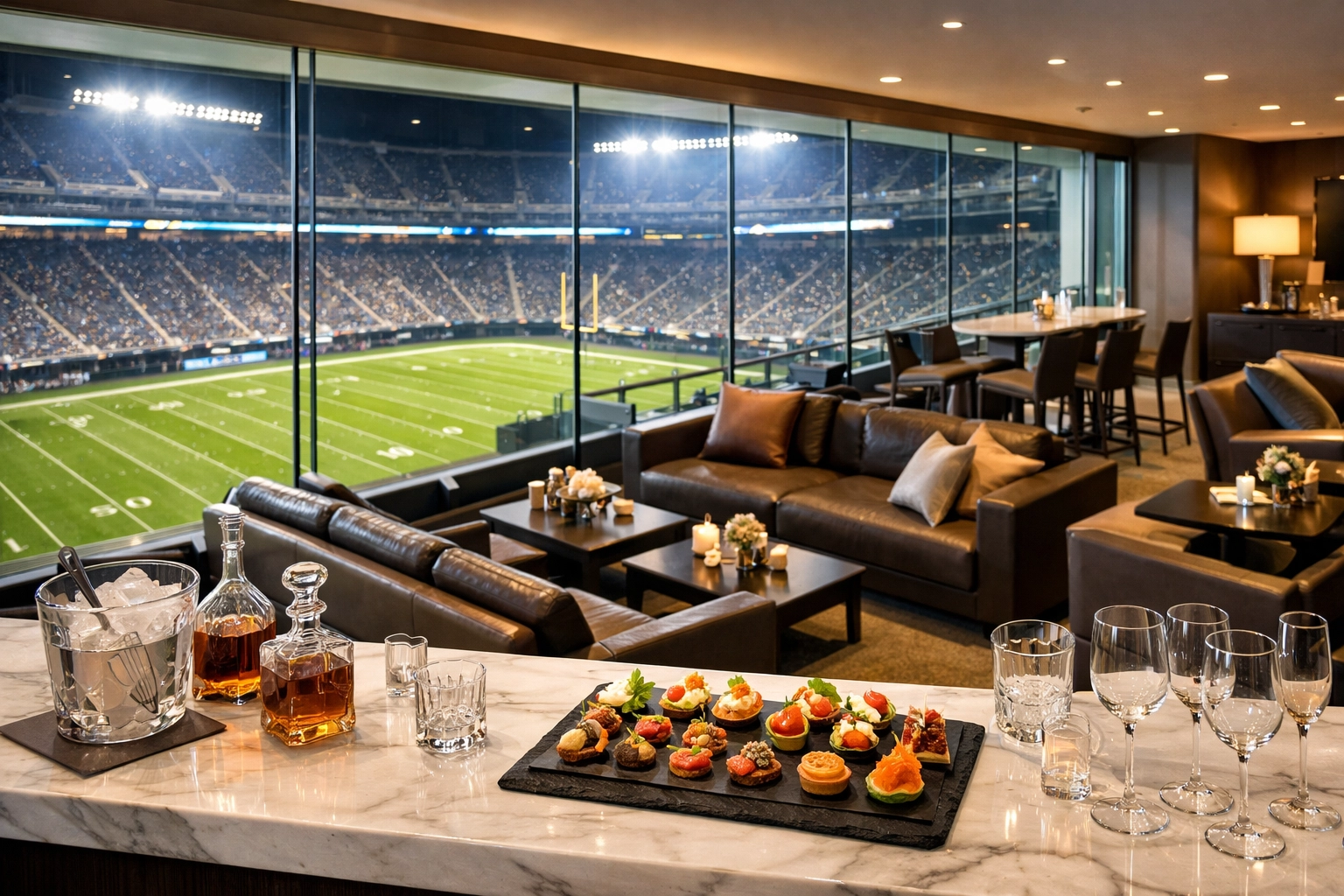 Elegant Super Bowl stadium suite prepared for luxury corporate VIP hosting and networking.