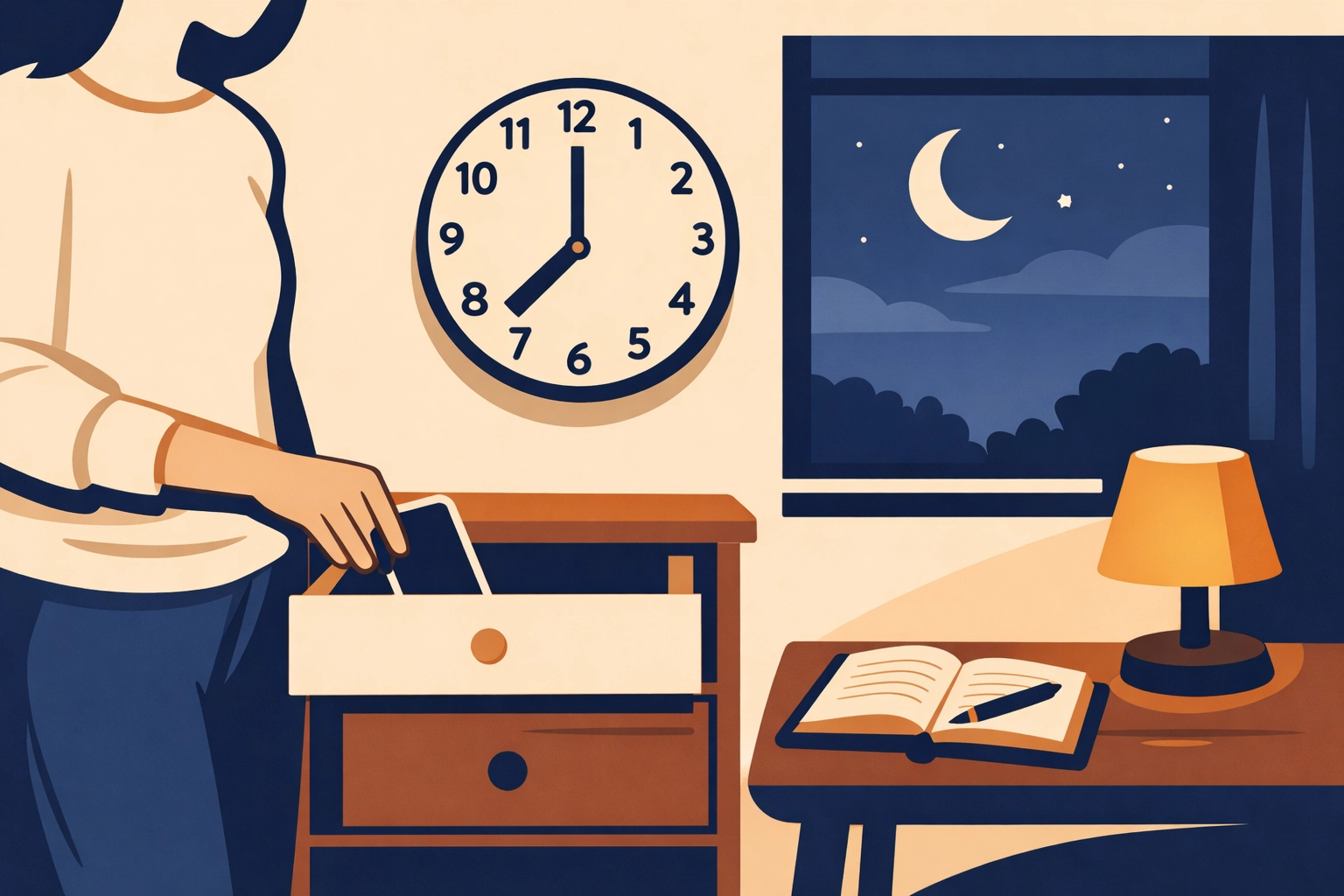 Person setting healthy phone boundaries by putting device away at 8 PM