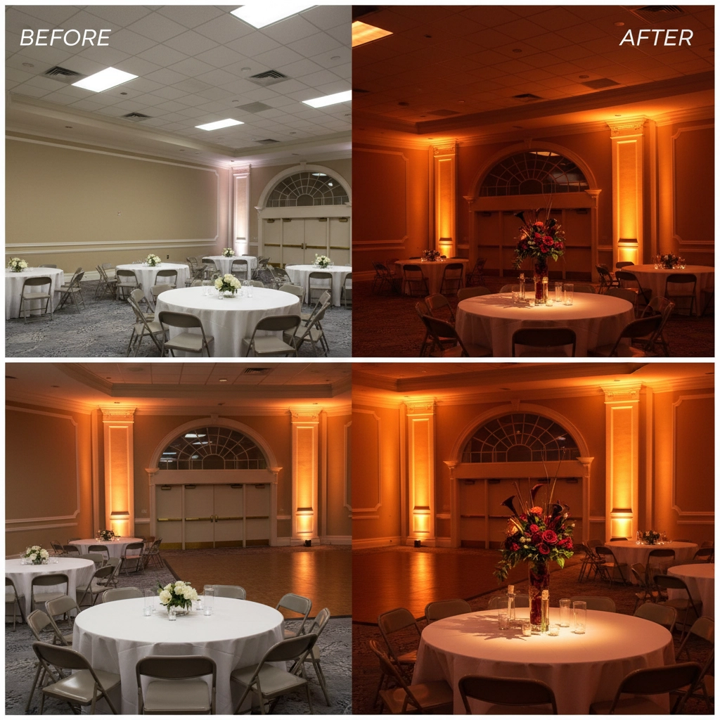 Side-by-side comparison of a banquet hall. "Before" shows a plain setup, "After" features warm orange lighting and vibrant floral centerpieces.