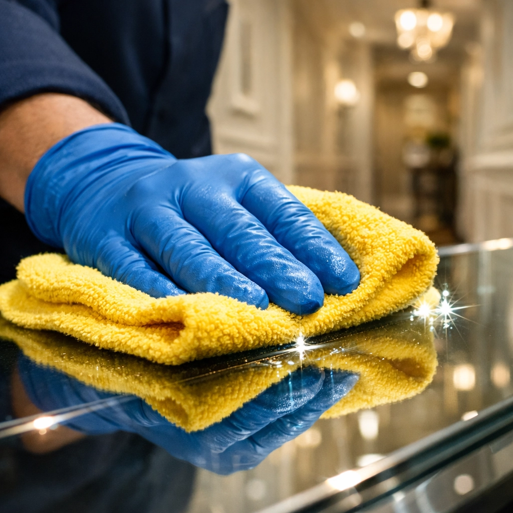 Professional cleaners performing a detailed deep cleaning in Southborough using microfiber cloths.