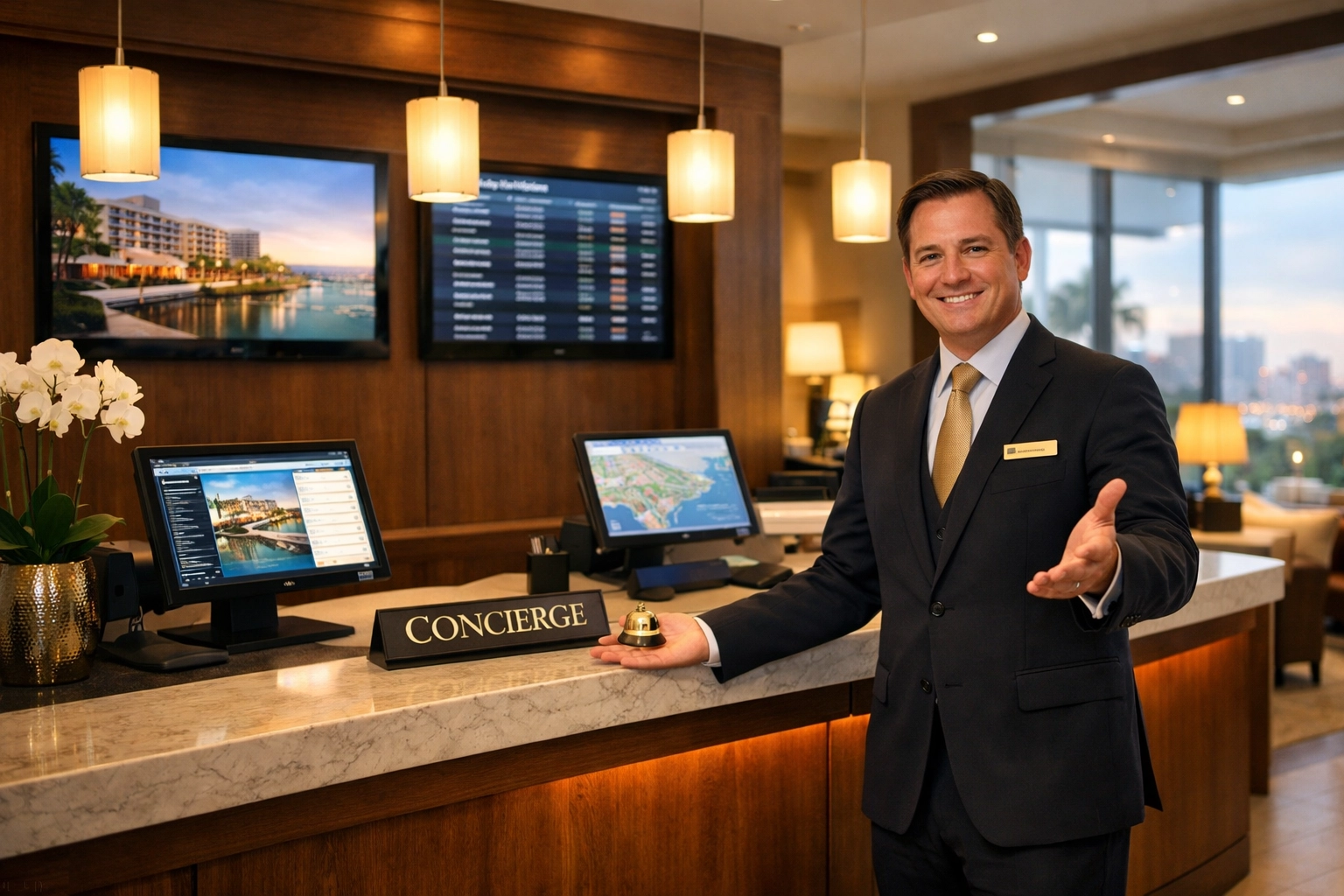 Hotel concierge desk with staff providing personalized AI-enhanced guest service experience