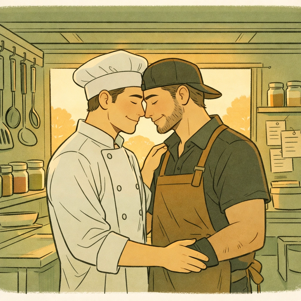 MM contemporary romance embrace in food truck at dawn, vegan and BBQ chefs find love