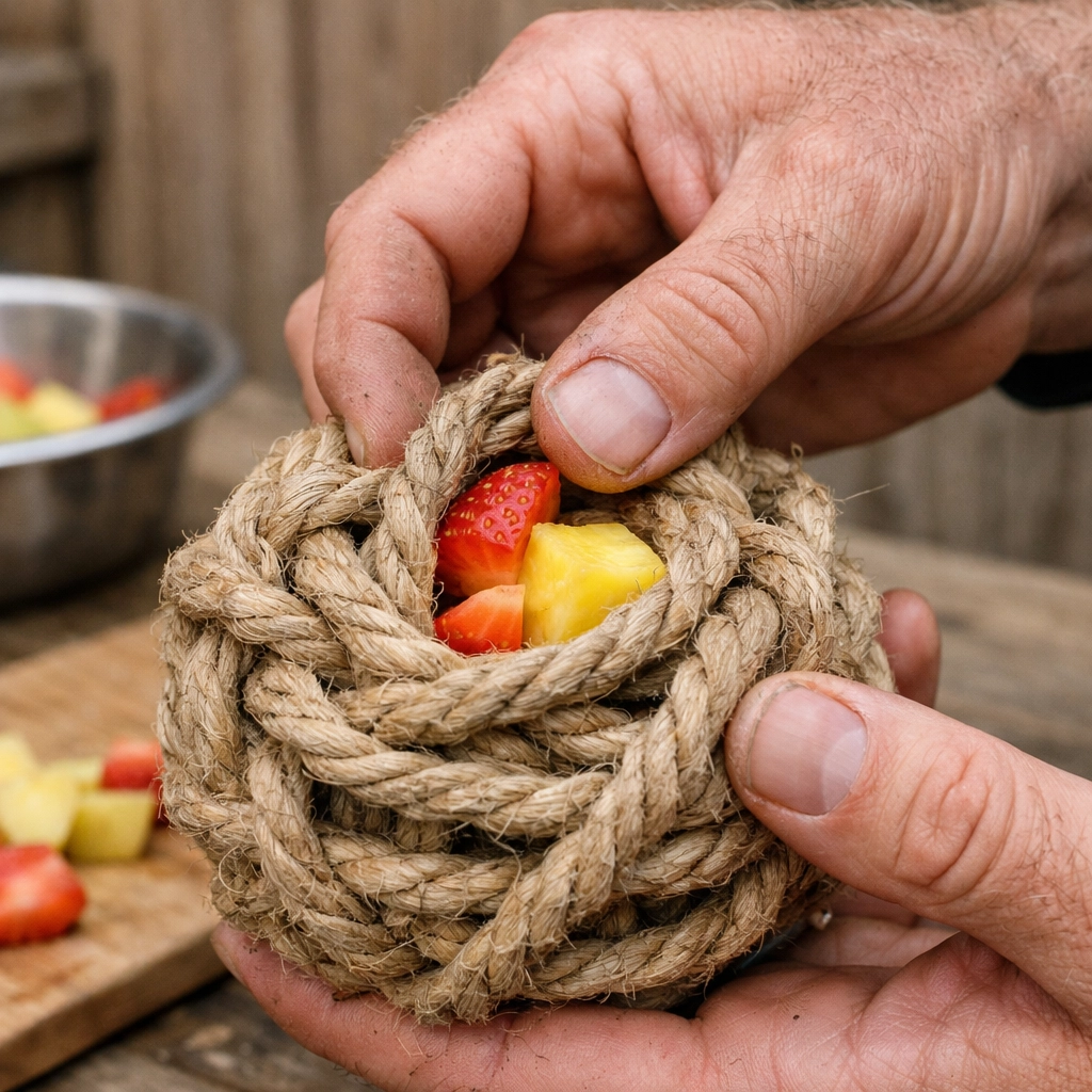 Zookeeper hands preparing enrichment for primates, showcasing authentic daily conservation operations.