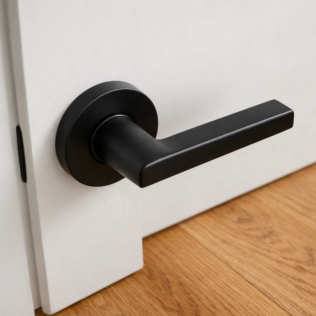 Close-up of high-quality finishes and door hardware in a North London loft conversion project.