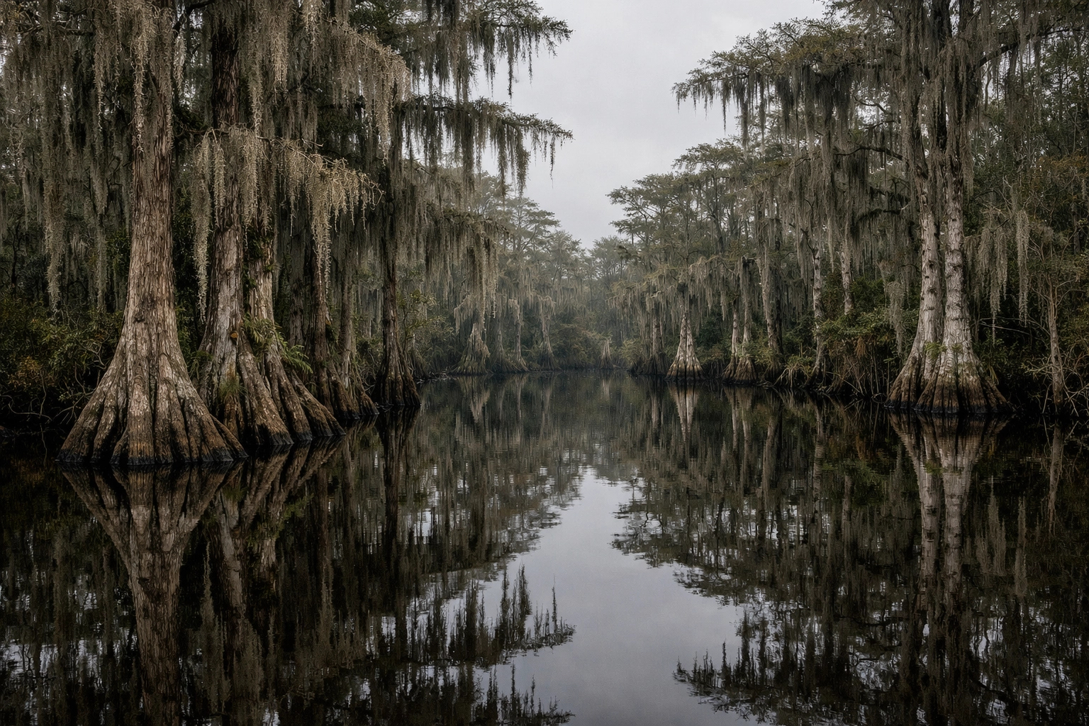 Cypress trees reflected in the swamp water at Loop Road, Big Cypress National Preserve.