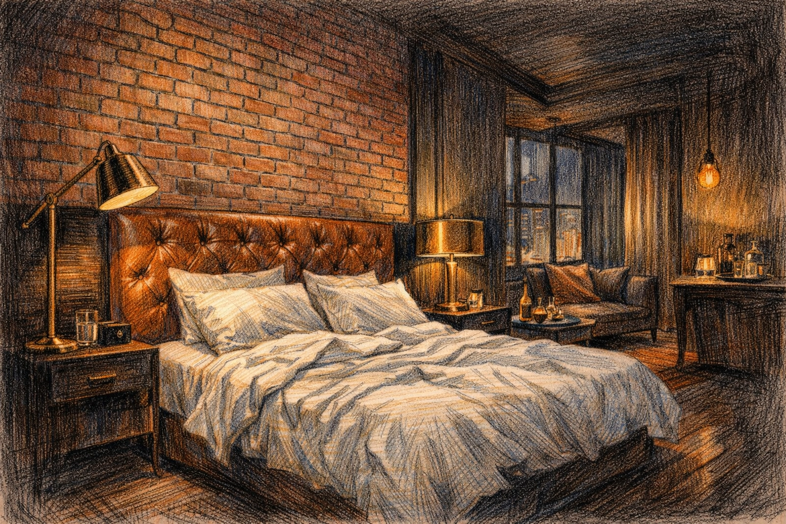 Industrial glamour hotel suite with exposed brick and luxury hospitality design elements.