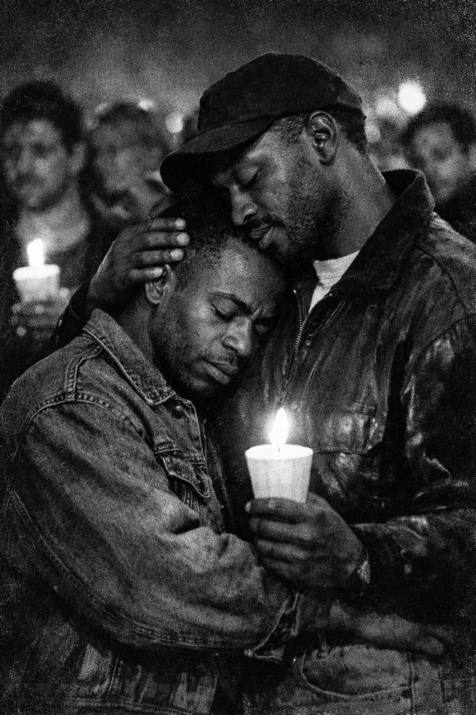 Black gay men embrace at AIDS crisis candlelight vigil showing community care and activism