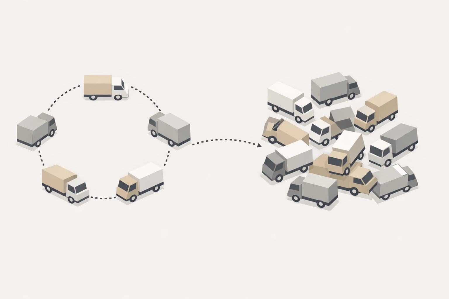 Comparison of organized 5-truck fleet versus chaotic 15-truck fleet operations