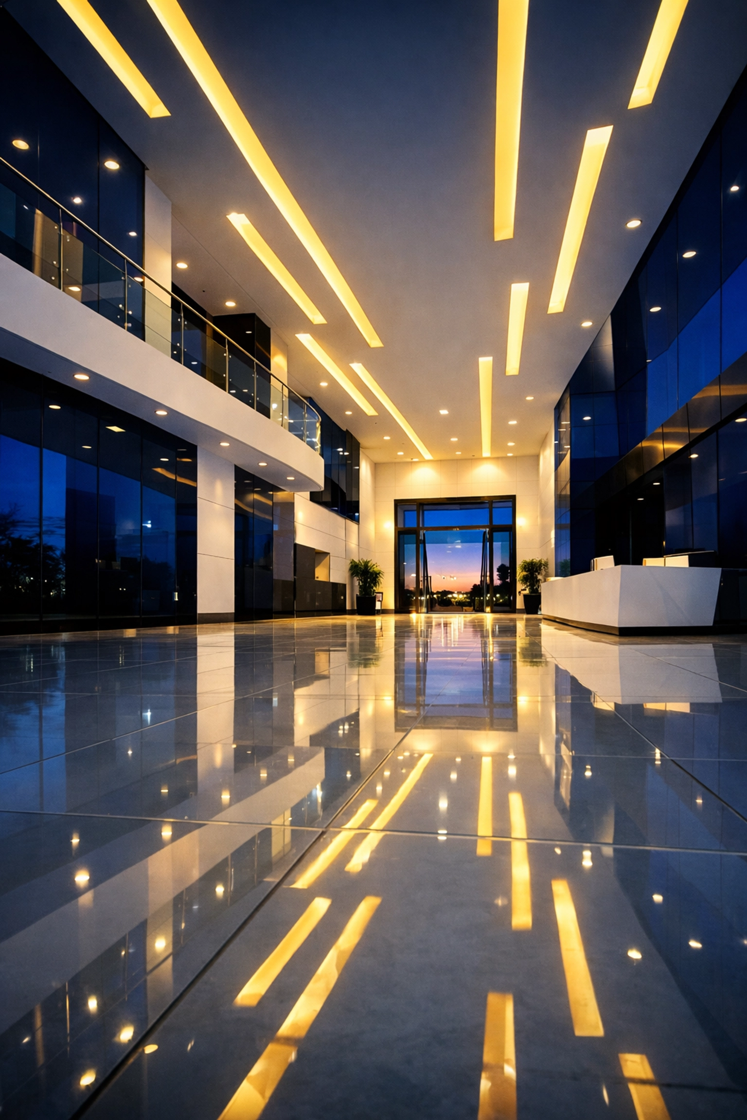 Polished floors in a professional corporate lobby maintained by elite janitorial services in Massachusetts.