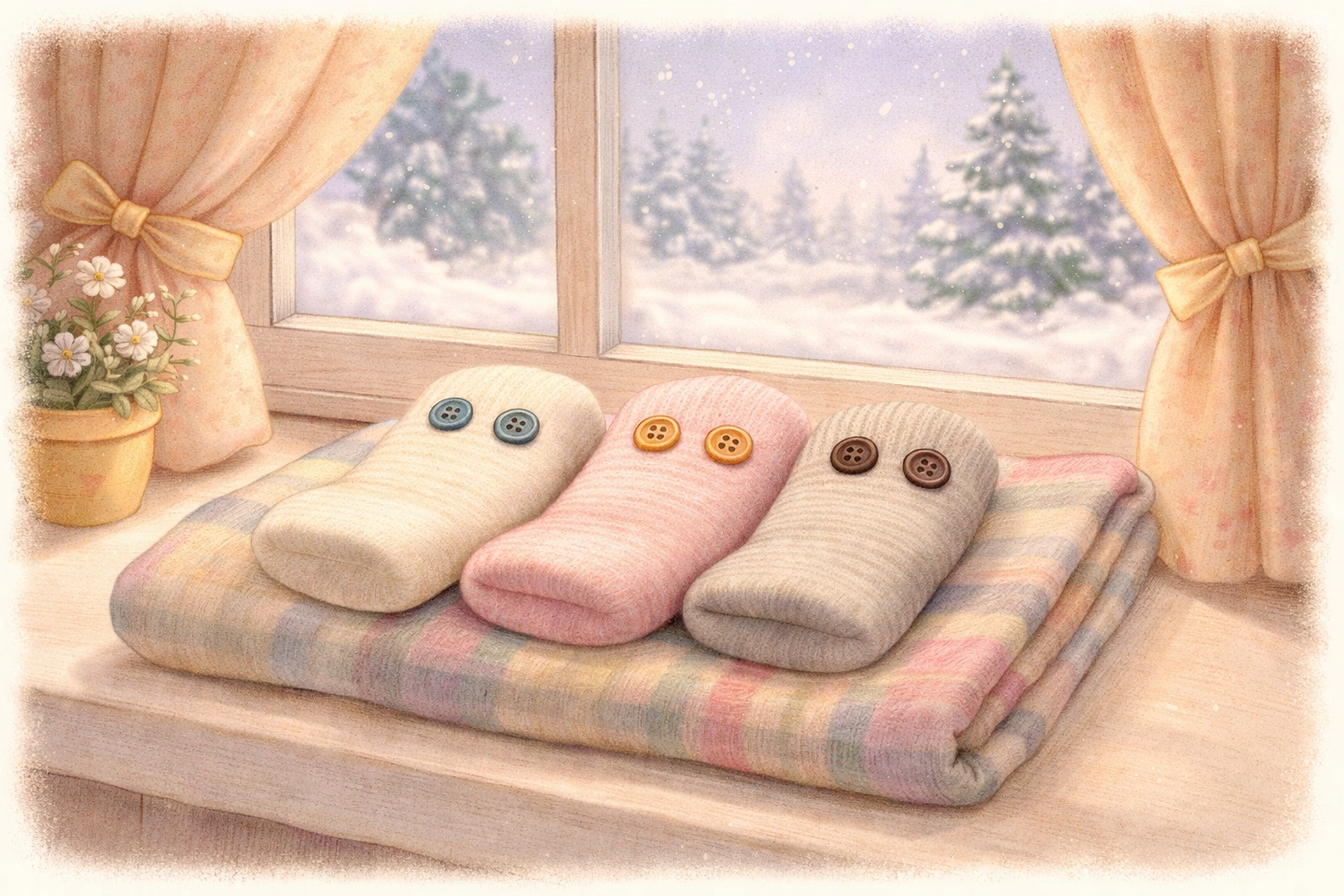 Lineup of five creative handmade sock puppets on a windowsill with snow outside, featuring monster, dog, princess, old man, and alien designs.