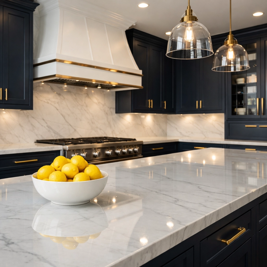 Pristine post-construction cleaning in a Marlborough kitchen with polished marble countertops and blue cabinets.