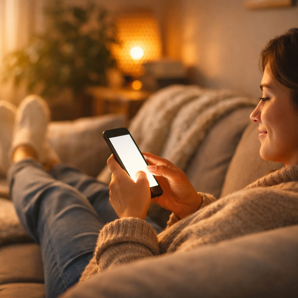 A customer leaving a high-quality Google review from home to avoid in-store flagging risks.