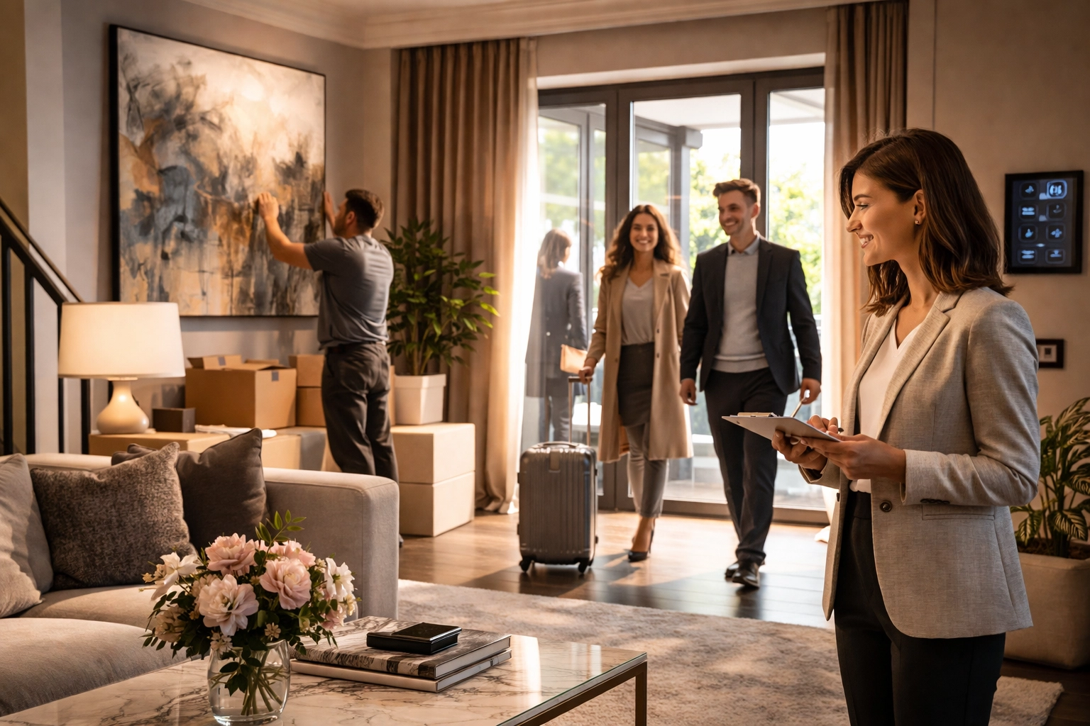 Move-in ready prestige home on settlement day: concierge oversight, artwork installation, unpacked essentials, warm cinematic lighting