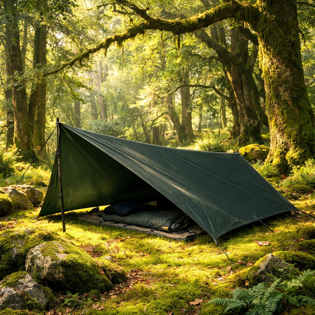 A green tarp shelter in a woodland, essential for protection on a wild camping guided UK trip.