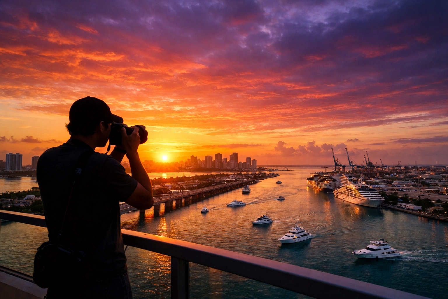 A professional Miami photographer capturing the city skyline and Port of Miami at sunrise.