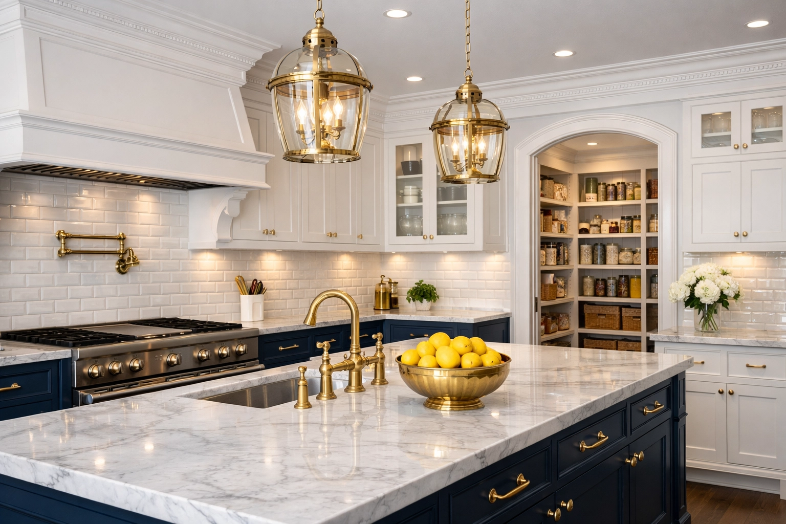 Deep cleaned luxury kitchen in a West Cambridge estate featuring spotless marble and polished brass fixtures.
