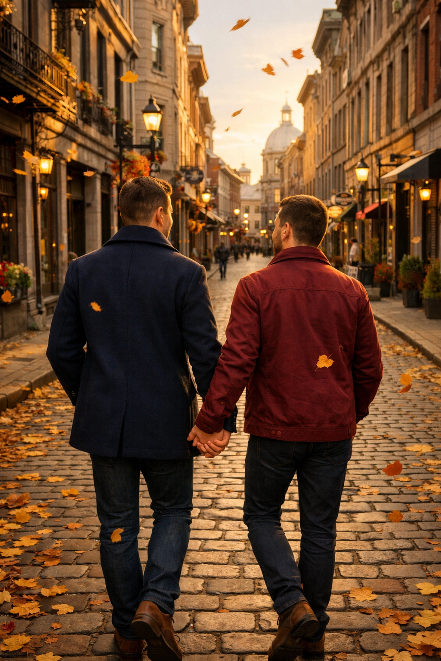 Gay couple holding hands on cobblestone street in Old Montreal during autumn