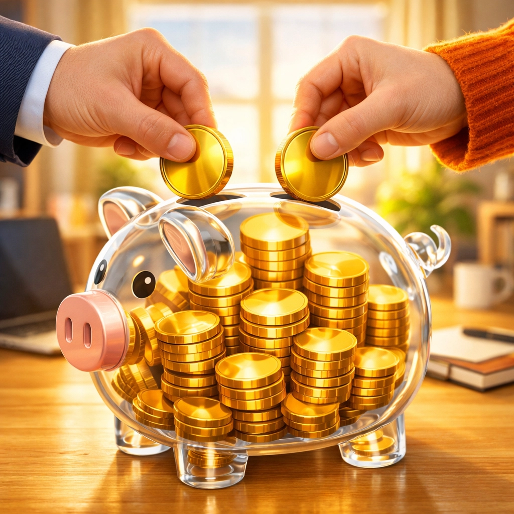 Professional and casual hands adding gold coins to a piggy bank representing a 401k employer match.